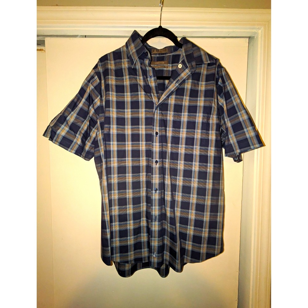 Nordstrom Smartcare Men's M Plaid Short Sleeve Button-Up Cotton Woven Collared
